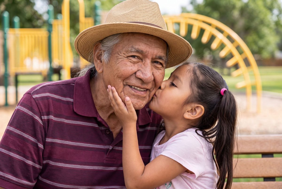 A girl kissing her grandfather on the cheek on a park bench