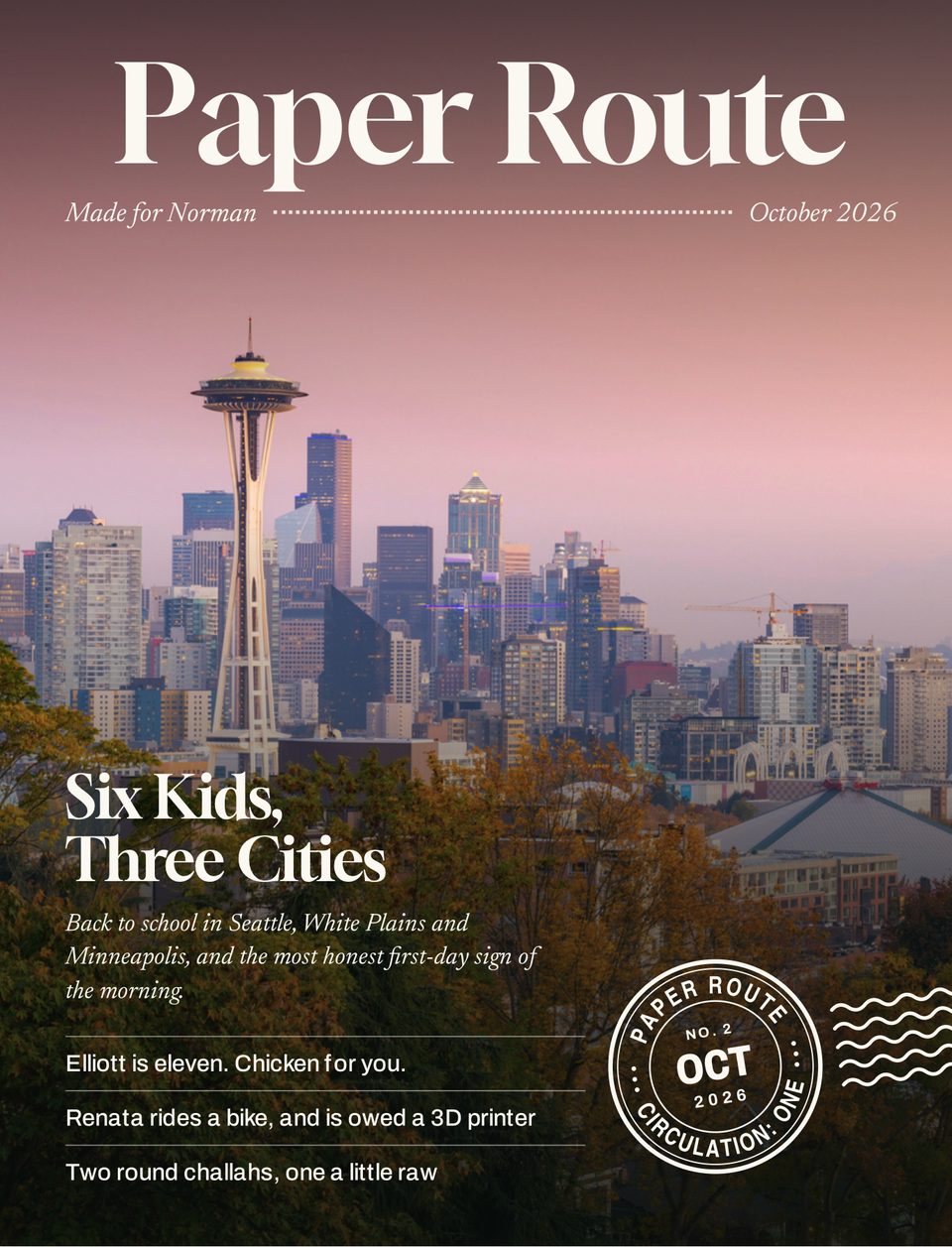 The October 2026 cover of Paper Route, made for Norman: the Seattle skyline and Space Needle at dusk, headlined Six Kids, Three Cities.