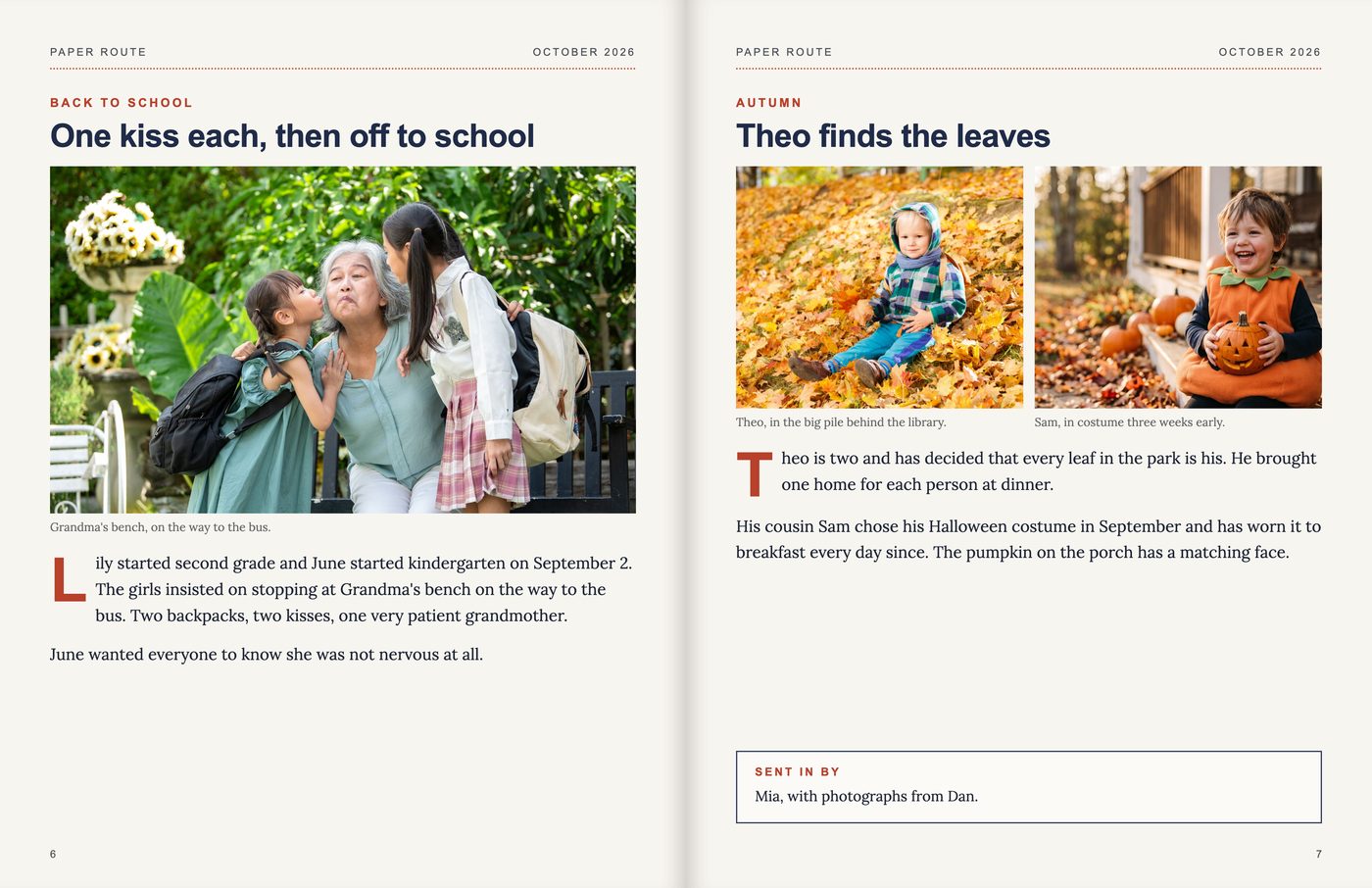 Sample spread: on the left, a grandmother being kissed by two granddaughters on their way to school; on the right, a toddler in autumn leaves and a boy in a pumpkin costume, each with a short story.
