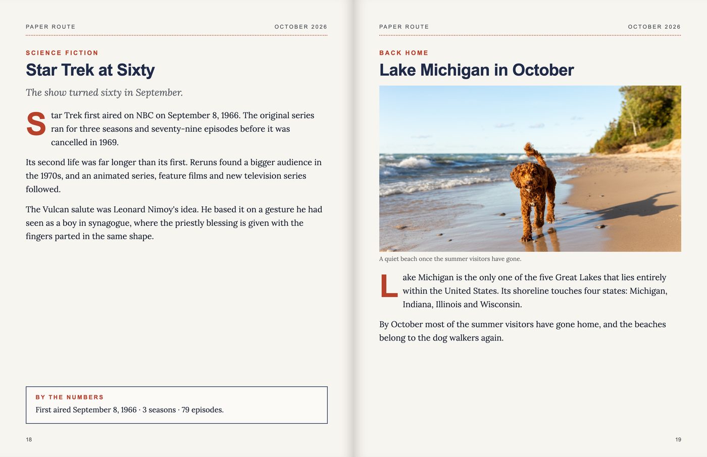 Sample spread: a page on Star Trek turning sixty, with a By the numbers box, and a page about Lake Michigan in October with a photograph of a dog on a beach.