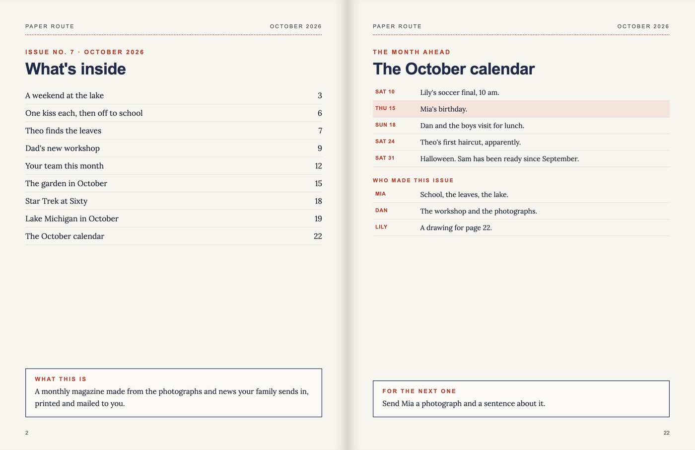 Sample spread: a contents page listing nine stories with page numbers, and an October calendar with birthdays and plans, and a list of who made the issue.