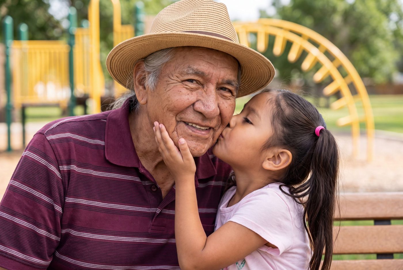 A girl kissing her grandfather on the cheek on a park bench; he smiles at the camera under a straw hat